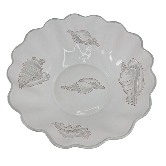 1970s Italian Majolica Palm Beach Style Seashell Embossed Serving Bowl Scalloped - Picture 1 of 8